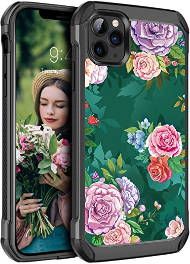 BENTOBEN iPhone 11 Pro Case Green, 2019 Slim Fit Flower Design Hybrid Hard Back Heavy Duty Shock Absorbing Soft Bumper Protective Girly Women iPhone11 Pro 5.8 Inch Phone Cover, Midnight Green Floral