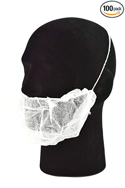 White Disposable Polypropylene Beard Net Covers with Elastic Bands Heavy Duty Beard Restraints, Comfortable Protective Beard Masks, Nonwoven Latex Free Spunbond, Safe & Clean Work Environment, 100 PC