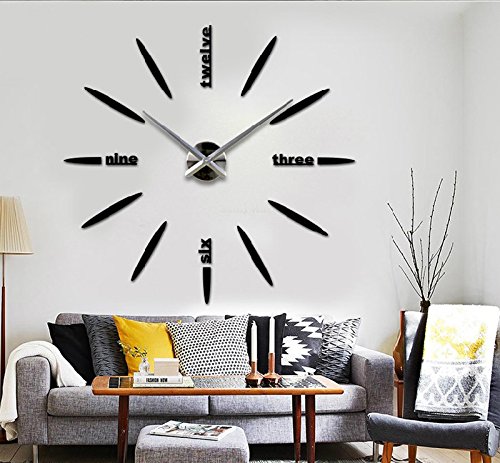 English Letters Elegant Large Size DIY Frameless Quartz 3D Big Mirror Surface Wall Clock Oversized Clock Home Decoration Living Room Wall Sticker Decal Meeting Room Office Decor Watches (Black)