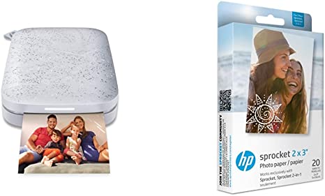 HP Sprocket Portable Photo Printer (2nd Edition) – Instantly Print 2x3 Sticky-Backed Photos from Your Phone – [Luna Pearl] [1AS85A] & Sprocket 2x3 Premium Zink Sticky Back Photo Paper (20 Sheets)