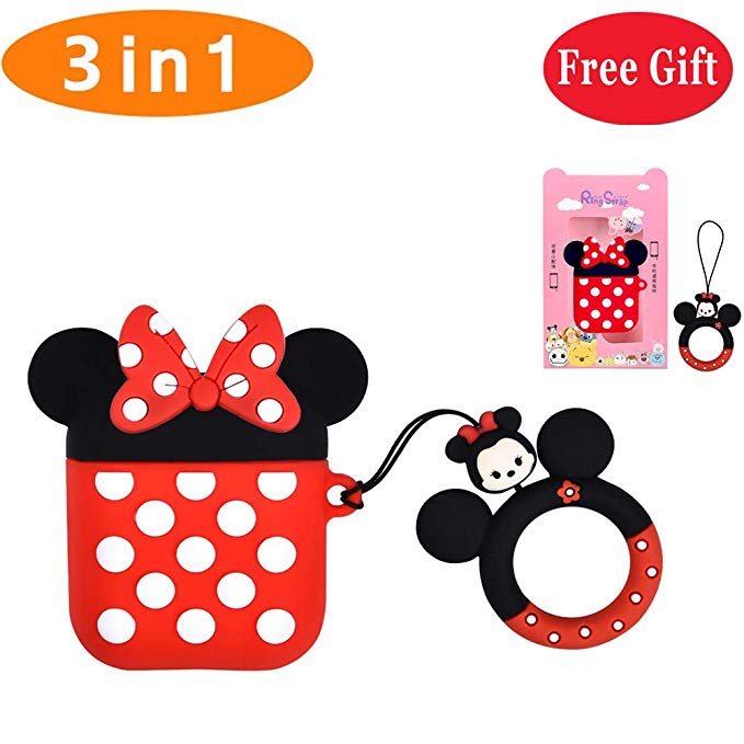 Airpods Case, Kids Girls Lovely Cute Minnie 3D Cartoon Kawaii Airpods Cover, Soft Silicone Protective Shockproof Fashion Charging Skin Matching with Funny Ring Strap Holder for Apple Airpods 2 & 1