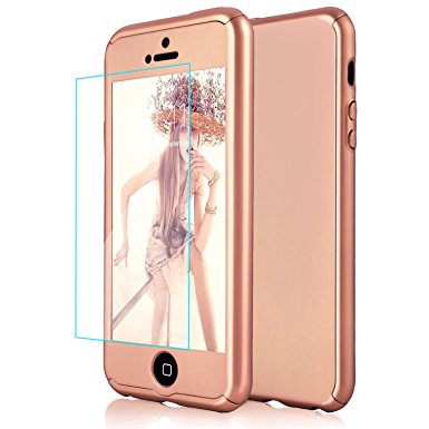 iPhone 5/5S/SE Case, DecaStars® [360 Full-body Coverage] [Ultra-thin Slim PC Hard Bumper] 2-in-1 Skin Phone Case Cover with [Tempered Glass Screen Protector] for Apple iPhone SE 5S 5 - Rose Gold