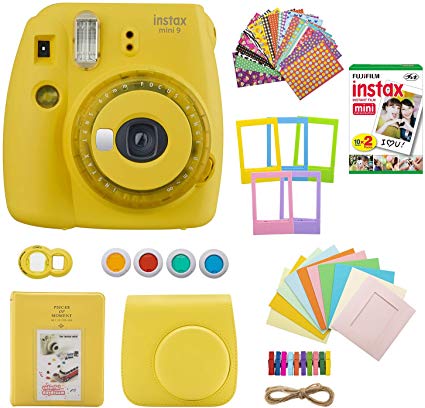 Fujifilm INSTAX Mini 9 Instant Camera with Clear Accents (Yellow) with Instant Film Twin Pack and 7-1 Accessory Gift Bundle (3 Items)