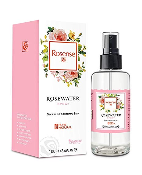 Rosense Glass Bottle Rosewater Hydrating Facial Toner/Rose Water Face Mist 3.4 Oz