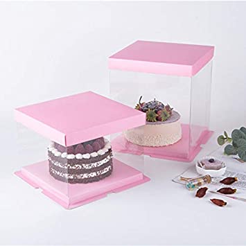 Clear Cake Boxes carrier Packing - Bakery Cake Boxes - Transparent Gift Box with lid ( 2 Box Pack ) (10.3x 10.3x 9.8, Pink)