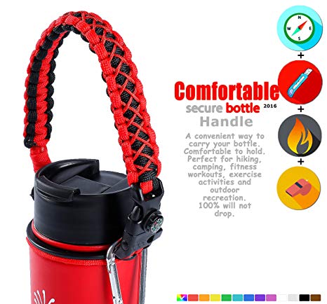 QeeLink Paracord Handle - Paracord Carrier Strap Cord with Safety Ring & Carabiner & Compass & Fire Starter & Whistle for Hydro Flask Nalgene CamelBak Wide Mouth Water Bottles