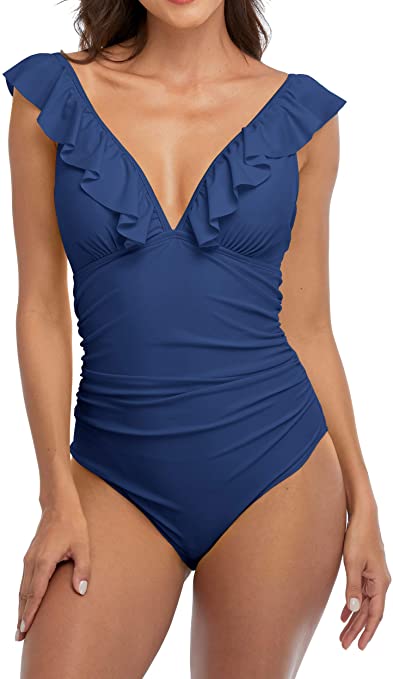 Sociala Ruffle One Piece Swimsuits for Women V Neck Ruched Monokini Bathing Suits