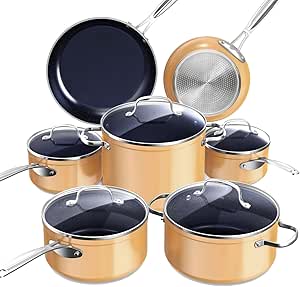 Nuwave Healthy Duralon Blue Ceramic Nonstick Cookware Set, Diamond Infused Scratch-Resistant, PFAS Free, Dishwasher & Oven Safe, Induction Ready & Evenly Heats, Tempered Glass Lids & Stay-Cool Handles