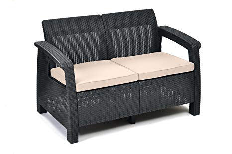 Keter Corfu 2 Seater Rattan Sofa Outdoor Garden Furniture - Graphite with Cream Cushions