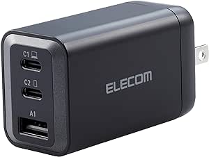 ELECOM 65W USB C Wall Charger Block, 3 Multi Port GaN II Smart PD, Ultra-Fast Charging, Compact Power Adapter for Multiple Devices, Laptops, Tablets, iPhone, iPad, Watch, Speakers, Airpods - Black