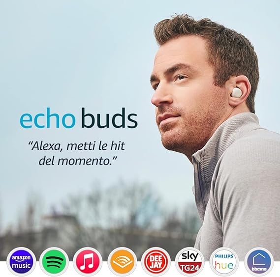 Echo Buds (2ª gen) | Auricolari wireless con Alexa, cuffiette Bluetooth con cancellazione attiva del rumore, microfono integrato, IPX4 Impermeabili | Con custodia di ricarica wireless | Bianco