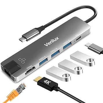 Verilux® USB C Hub with Ethernet 6 in 1 Multi USB Port for Laptop with USB Hub 3.0 and 2.0 PD 87W Charging Port USB Type C Hub with 4K HDMI Converter for MacBook Air M1 Pro, for iPhone 15 Pro Max Plus