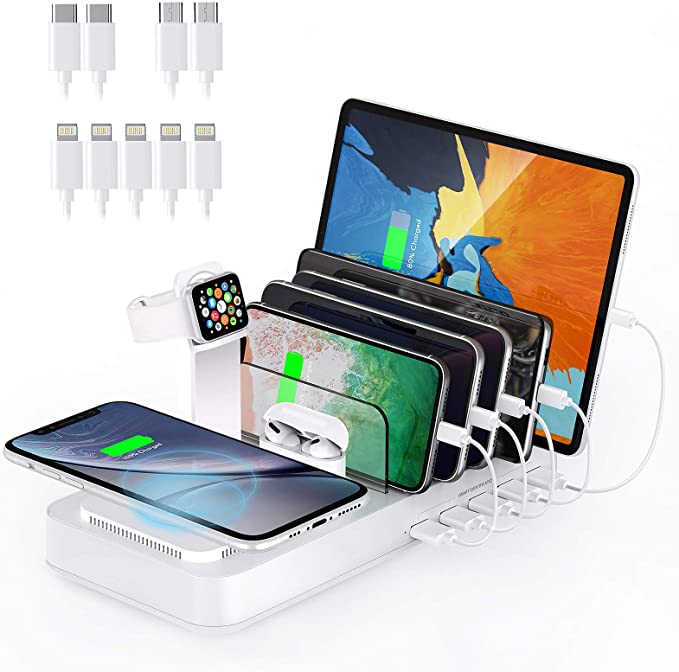 Wireless Charging Station for Multiple Devices,Vogek 8 in 1 5 USB Ports Charger Docking Station with Wireless Charging Pad and iWatch & AirPods Stands for iPhone/iPad/Samsung/Android/Tablet-White