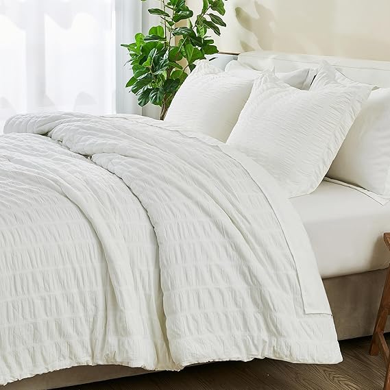 King 100% Cotton Comforter Set | White Puckered Striped Down Alternative Comforter | All Season, Linen-Like, Textured 3 Piece Bedding Comforter Set (King, White)