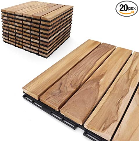 Deck Tiles - Patio Pavers - Teak Wood Outdoor Flooring - Interlocking Patio Tiles - 12"x12" (20 Pack) - Teak Finish - Straight Pattern Decking