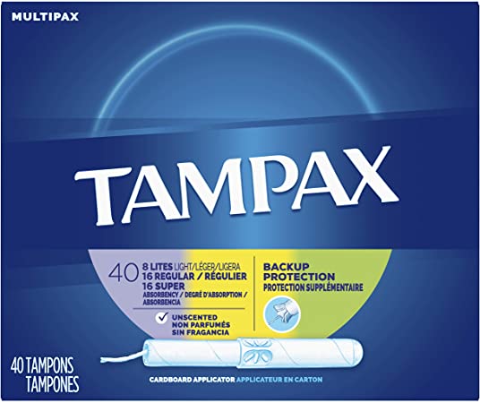 Tampax Cardboard Applicator Tampons, Light/Regular/Super Absorbency Multipack, Unscented, 40 Count- Pack of 6 (240 Count Total)