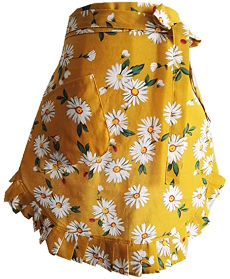 CRB Fashion Waist Apron with Pocket Cotton Commercial Restaurant Waitress Waiter for Girl Woman Half Bistro Aprons (Yellow)