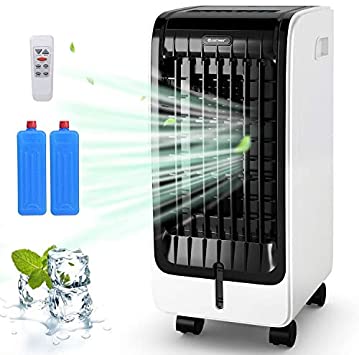 COSTWAY Evaporative Cooler, Portable Cooling Fan with Remote Control, 3-Mode, 3-Speed and 8H Timer Function, Include Ice Crystal Boxes, Casters and Water Tank, Bladeless Cooler for Home Office