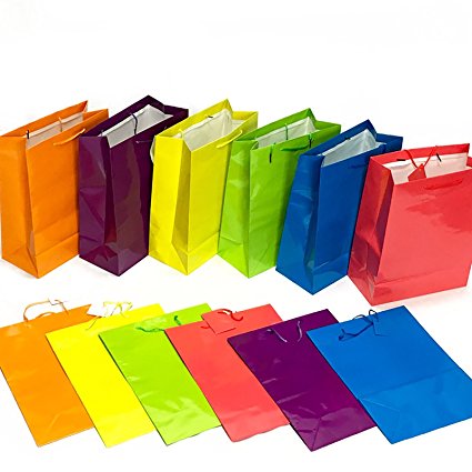 Adorox 10" x 12" x 4.5" Large Bright Neon Colored Party Present Gift Bags Wrap Paper Birthday Wedding (Assorted 12 Bags)
