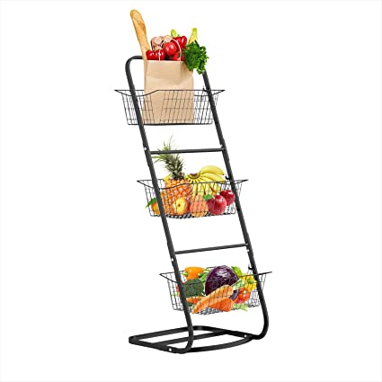 3-Tier Market Basket Stand, Kitchen Fruit Storage Basket for Kitchen Pantry, Bathroom Towel Basket Display Rack, Standing or Stacking Organizer - Black (Black)