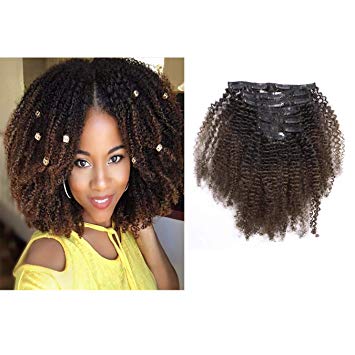 Afro Kinkys Curly Hair Extensions Clip In Human Hair 4B Natural Hair Clip Ins Full Head Afro Curly Clip In Hair Extensions For Black Women Dark Brown Kinkys Curly Clip In Hair Extensions 10Inch # 1b/4