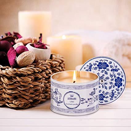 AIMASI Scented Candles blue-and-white Lilac Aromatherapy Stress Relief, 8.5 Oz Eco-friendly Natural Soy Wax in Travel Tins, Gift for her - Birthday - Holidays - Weddings