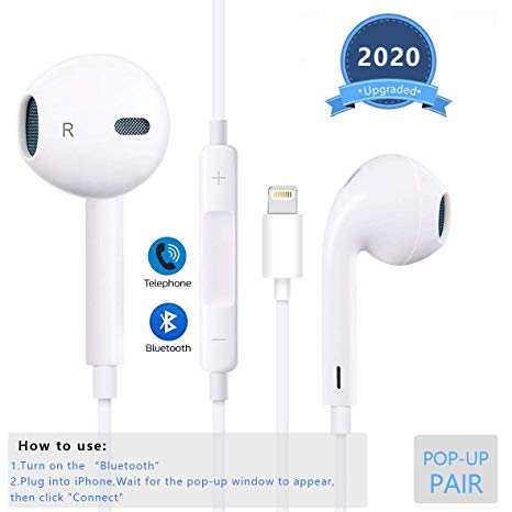 Lighting Earphones Connector,【Bluetooth Pop-up Pair】 Earbuds Headphones Noise Isolating Headset Support Call Volume Control Compatible with iPhone 7/7 Plus/8/8 Plus/X 10/XS Max/XR for iOS 12