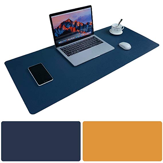 OuTera Leather Desk Pad Waterproof PU Laptop Writing Mat for Office and Home - 31.5"x15.8" (Navy Blue& Yellow)