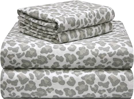 Pointehaven 180 GSM Velvet Feel Luxury Cotton Printed Flannel Sheet Set, Queen, Leopard