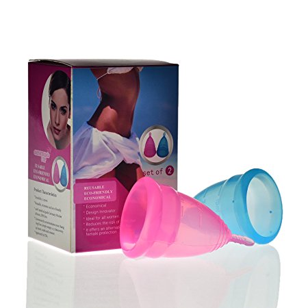 Menstrual Cup Soft Silicone Set - Best Feminine Reusable Period Moon Cups Starter Kit of 2 PCS With Bag - Alternative to Sanitary Napkins instead softcup - Blue Pink Combination Size (Small)