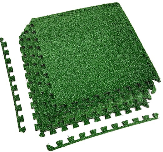 Sorbus Grass Mat Interlocking Floor Tiles – Soft Artificial Grass Carpet – Multipurpose Foam Tile Flooring – Patio, Playroom, Gym, Tradeshow 16 Sq ft (4 Tiles, Borders)