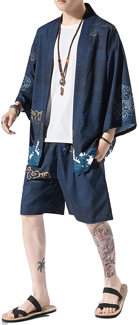 PRIJOUHE Men's Japanese Style Kimono Tops Pants Sets Lightweight Casual Seven Sleeves Open Front Cardigan & Shorts