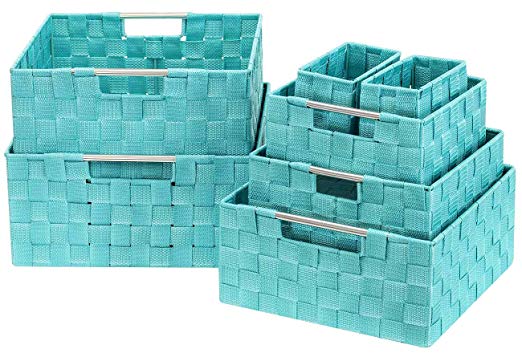 Sorbus Storage Box Woven Basket Bin Container Tote Cube Organizer Set Stackable Storage Basket Woven Strap Shelf Organizer Built-in Carry Handles (7 Piece - Aqua)