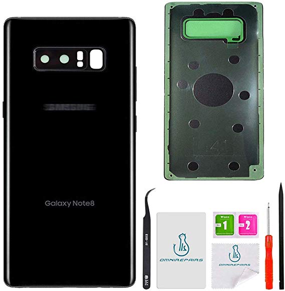OmniRepairs Rear Back Battery Door Cover Replacement Compatible for Samsung Galaxy Note 8 N950 (ALL MODELS) with Adhesive and Repair Toolkit (Midnight Black)