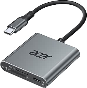 Acer UHS-II USB C SD Card Reader with 100W PD Port, 3-in-1 Type-C SD 4.0 Memory Card Reader Adapter for MicroSD SDXC SDHC MMC RS-MMC UHS-II & UHS-I Cards for iPhone 15, Macbook, Tablet, Cameras (Grey)