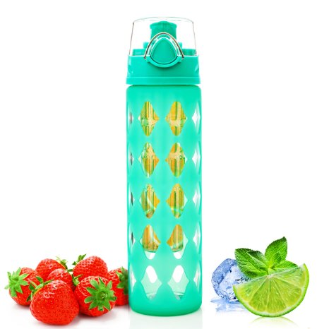 20 oz Glass Water Bottle Fruit Infuser with Silicone Sleeve (7pcs Set) - Perfect as Yoga Water Bottle for Hiking, Gym or any Sports Water Bottles - BPA-Free Fruit Infused Water Bottle with Flip Top