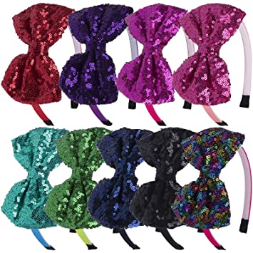 XIMA Girls Headband with Sequin Bows for Girls,Glitter Bows Hairband for Baby Girls Hair Accessories(9pcs-fall colors sequin bow headbands)