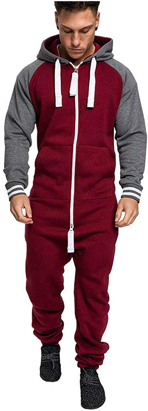 Men's Hooded Onesie Jumpsuit Sports Romper Overall Zip up Playsuit Drawstring Sportswear Adult Overall Hoodie