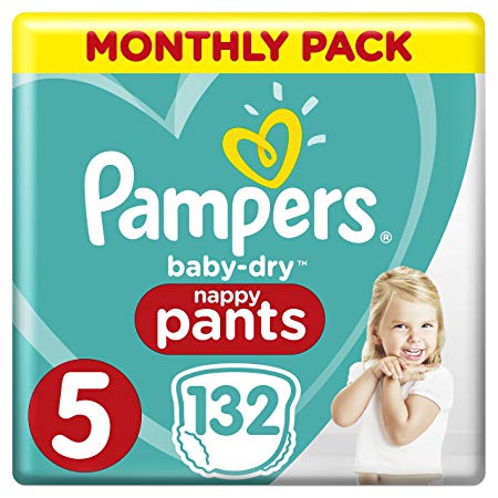 Pampers Baby-Dry Size 5, 132 Nappy Pants, (12-17kg), Easy-On for Up to 12 Hours of Breathable Dryness, Monthly Pack- Packaging may vary