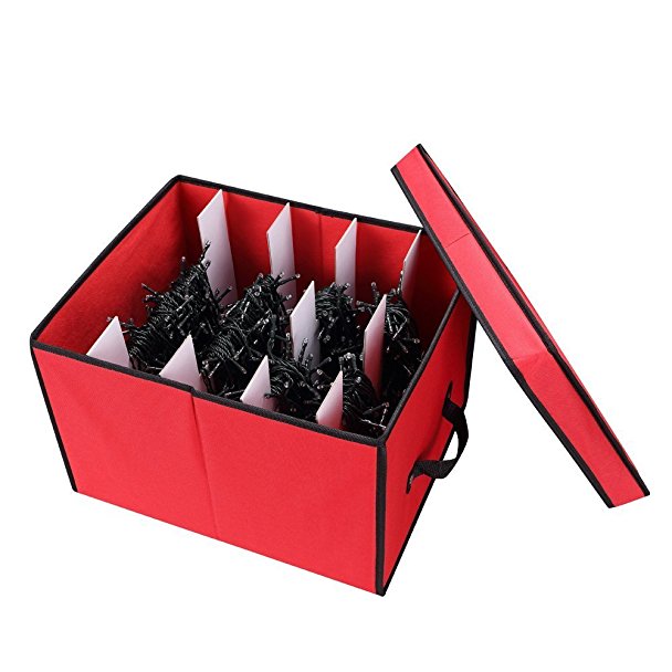 Primode Xmas Light Box Organizer | Holiday Light Storage Box with Lid (15” x 12” x 10”) (Red)