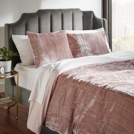 Rivet Modern Velvet Duvet Cover and Sham Set - Full or Queen, Blush