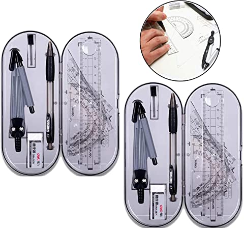 Rocutus Math Geometry Kit Set,Student Study Supplies with Shatterproof Storage Box,Including Protractor, Rulers, Compass, Compass Lead, Mechanical Pencil and Erasers (16 Pieces)