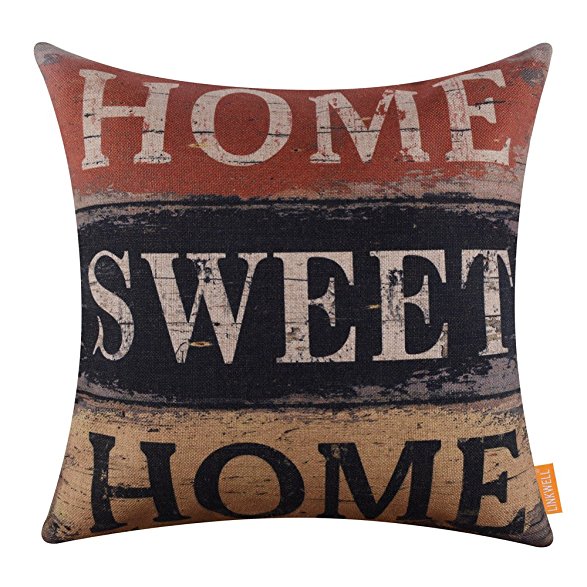 LINKWELL 18x18 inches Vintage Words Home Sweet Home Burlap Throw Pillowcase Cushion Cover (CC1289)