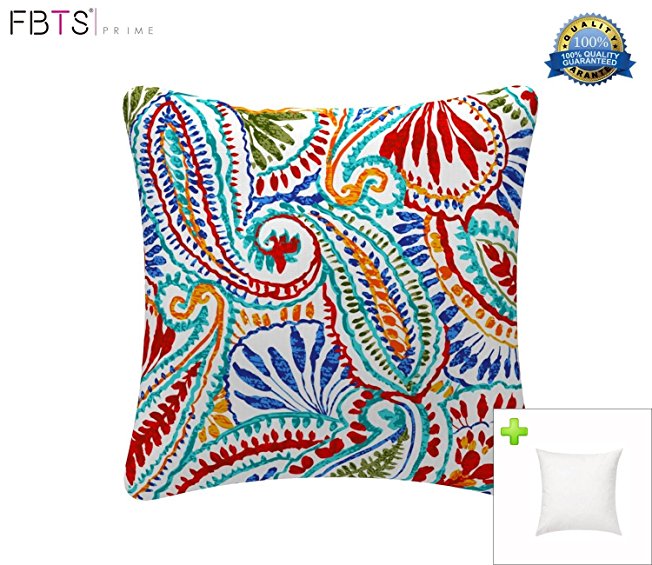 Indoor/Outdoor Throw Pillow with Insert 18x18 Inches Decorative Square (Multi, Paisley) Cushion Covers Pillow Sham for Couch Bed Sofa Patio Furniture by FBTS Prime