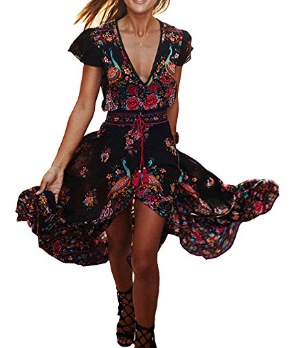 R.Vivimos Women Summer Vintage Floral Print Deep V Neck High Low Long Dresses