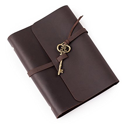 Ancicraft Soft Genuine Leather Journal Diary Notebook with Retro Key Charm 6 Ring Binder A5 Lined Craft Paper (Dark Brown & A5 Lined craft paper)