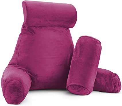 Nestl Reading Pillow, Extra Large Back Pillow, Backrest Pillows for Bed with Arms, Shredded Memory Foam Back Pillows for Sitting in Bed, 2 Neck Roll & Lumbar Back Support Pillow, Magenta