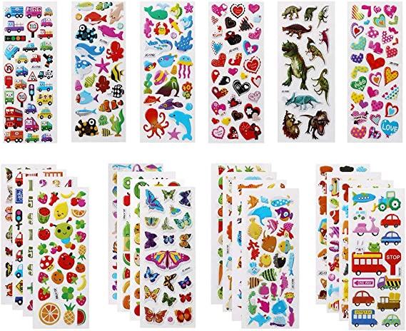 Vicloon 3D Stickers for Kids, 22 Variety Sheets Puffy Stickers, 500  Children Stickers for Party Rewarding Gifts Scrapbooking Including Animals Fish Dinosaurs Numbers Fruits Trucks Butterfly and More