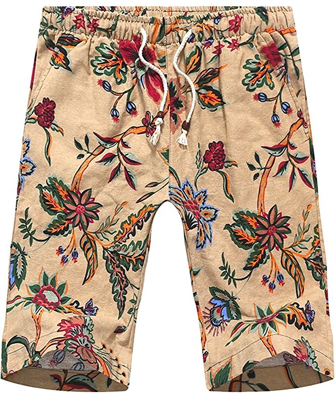 HENGAO Men's Retro Vintage Floral Print Linen Draw-string Jogger Shorts