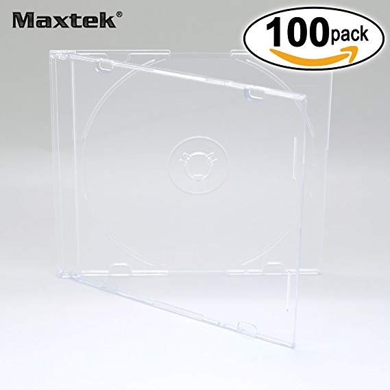 Maxtek Ultra Thin 5.2mm Slim Clear CD Jewel Case with Built In Frost Clear Tray, 100 Pack.
